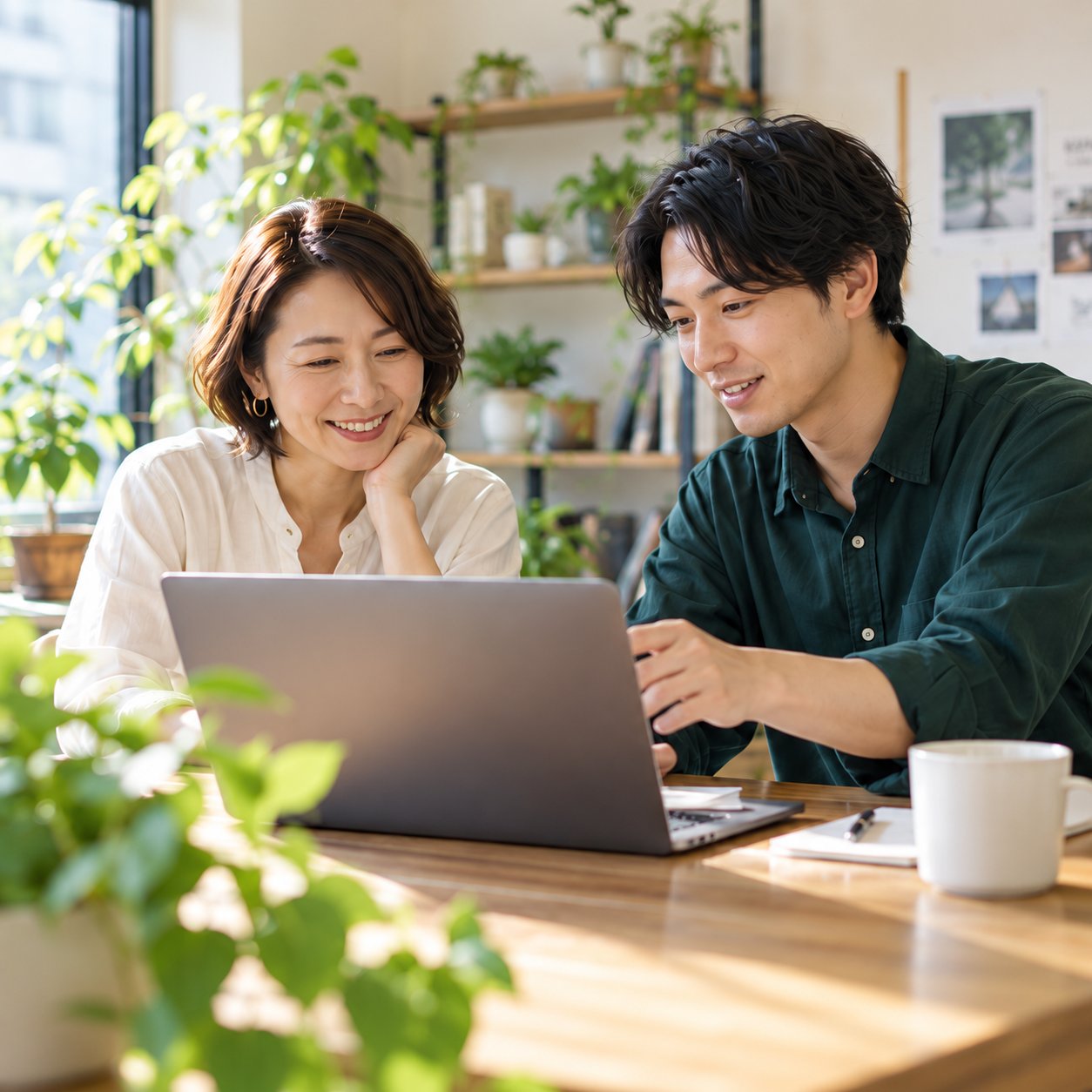 ノートパソコンを一緒に確認する二人。AI生成による利用場面のイメージ